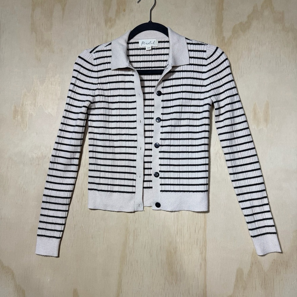 Marled Striped Rib Knit Cardigan Sweater XS Beige Black Button Crop Top